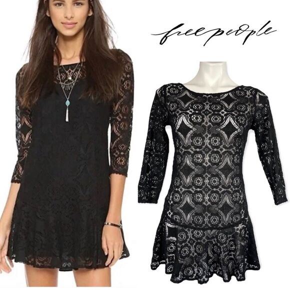 Free People Tops - Free People Walking to the Sun Black Lace Mini Dress 0 Ruffle Sheer Tunic Top